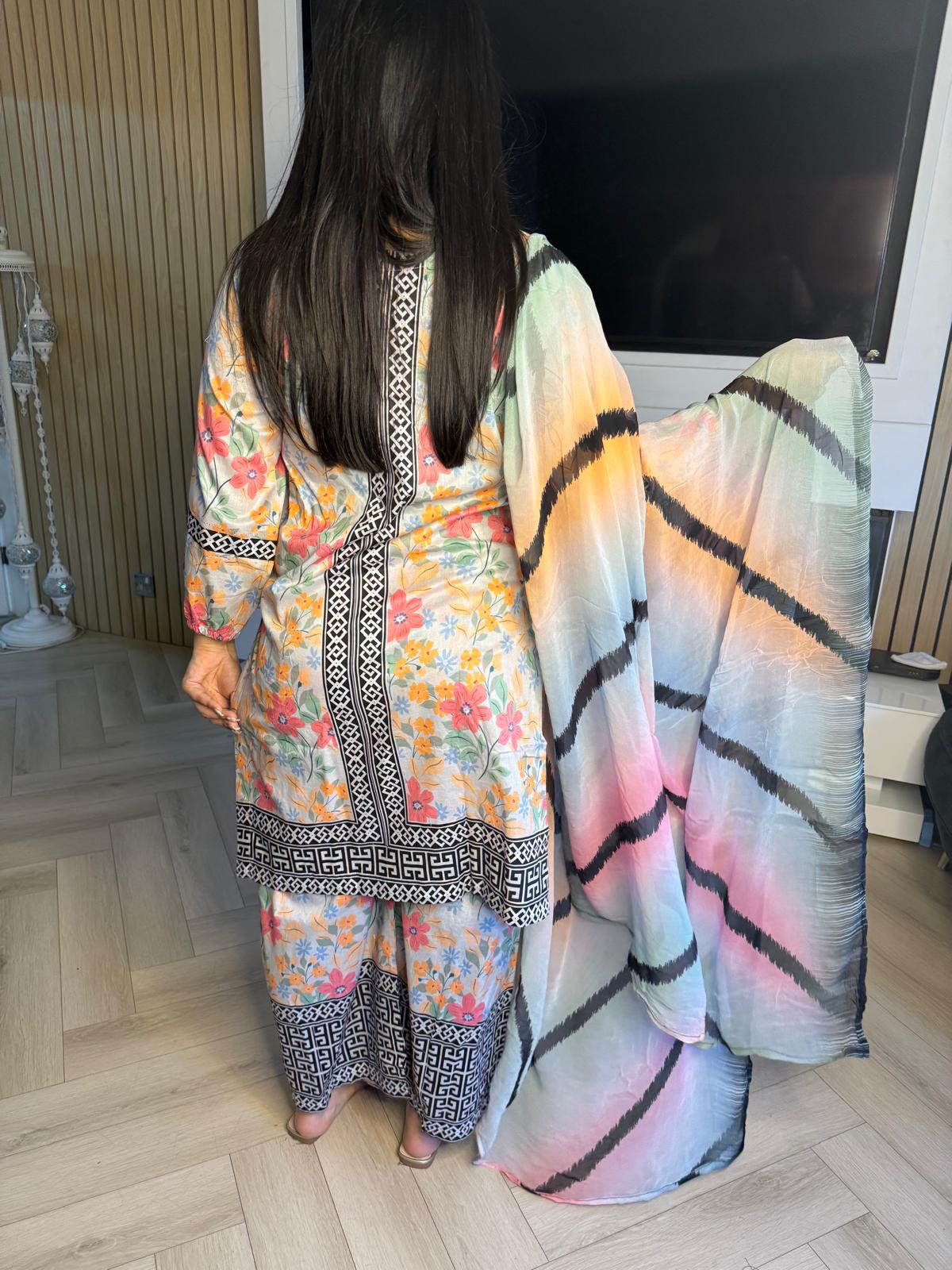Sonam 3pc Printed Lawn Suit With Plazzo Trouser