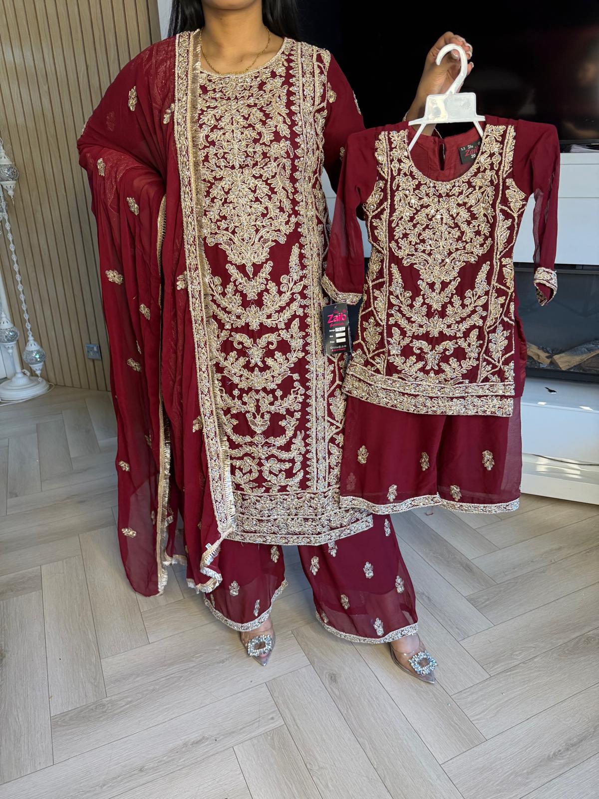 Manisba 3pc Mother & Daughter chiffon Suit With Plazzo