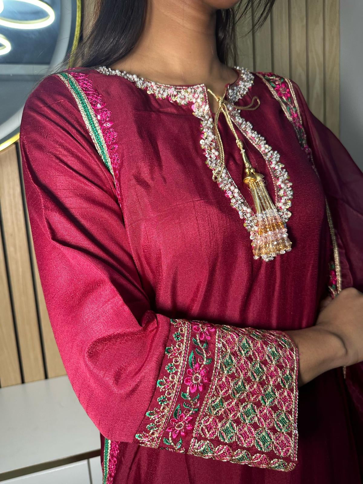 Lubna 3pc Silk Suit -Maroon U2-A5