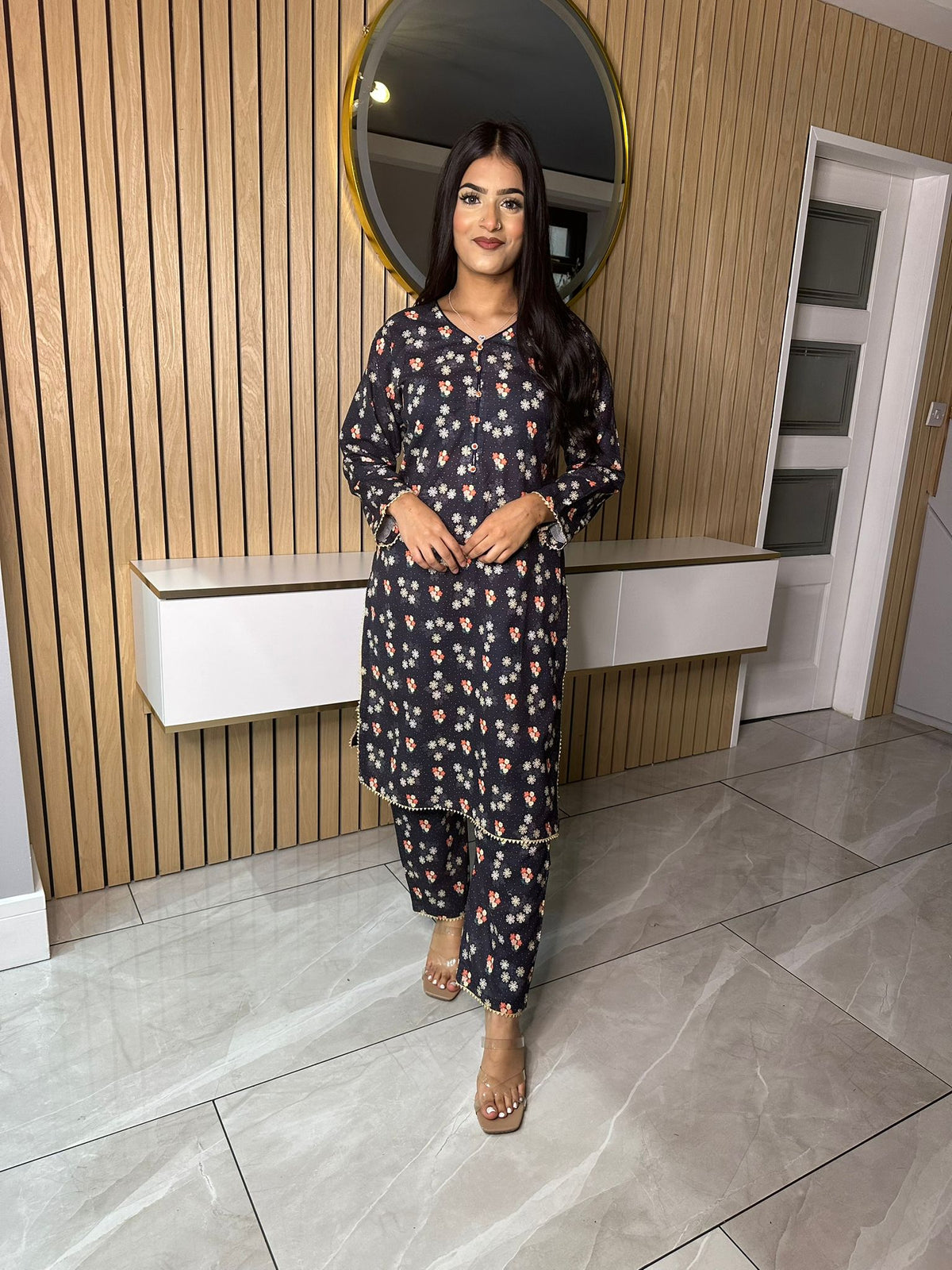 Samiha Printed Khaddar Co-ord - Navy Flower