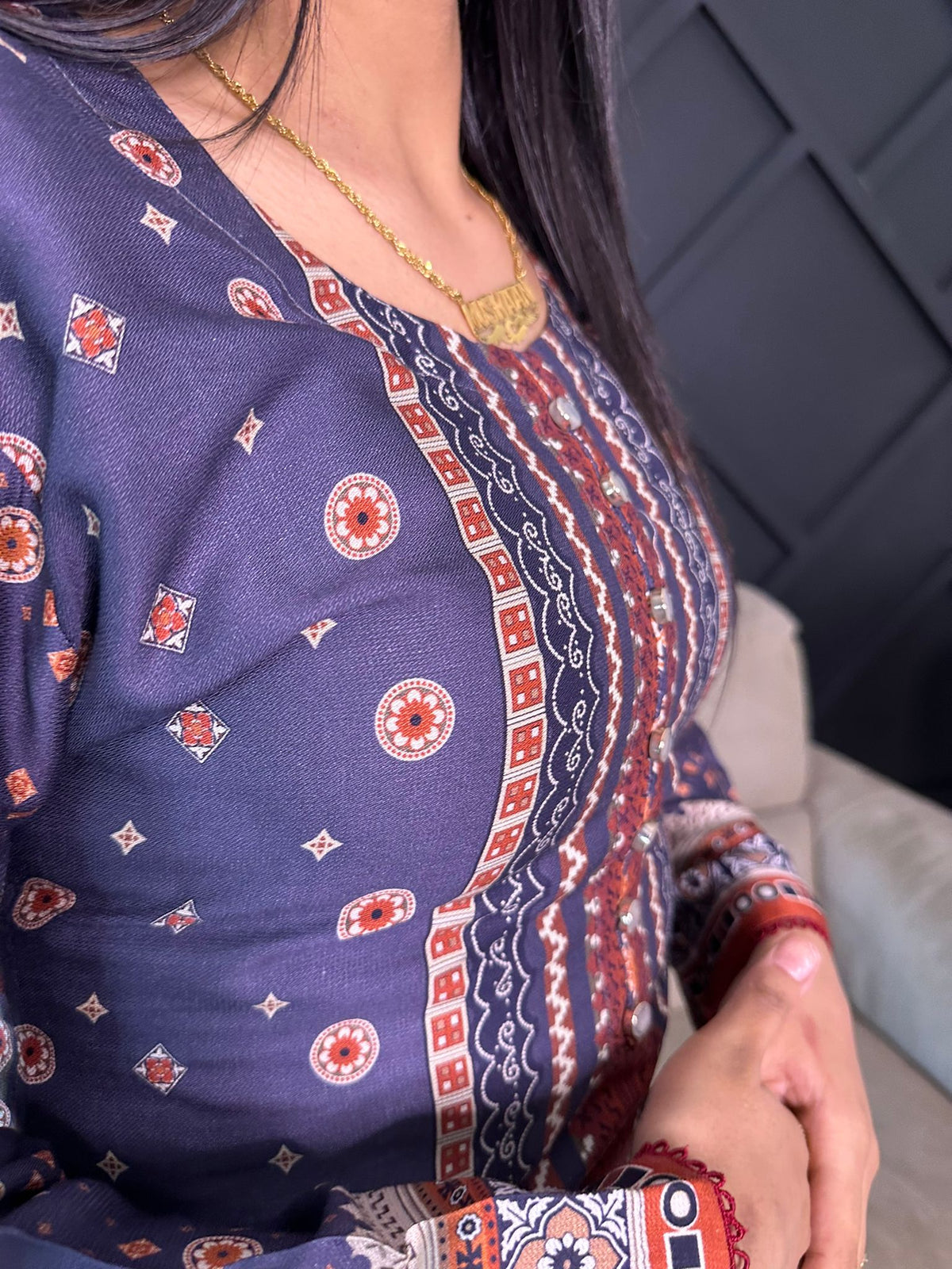 Afreen 2Pc - Navy & Red Ethnic Print U1-A4