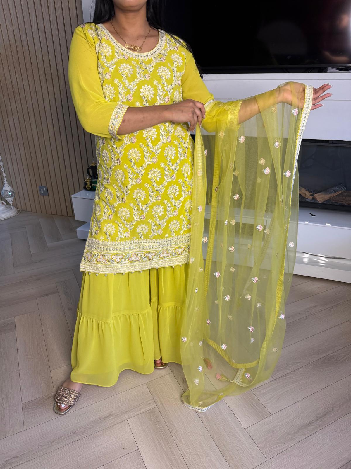 Hajrah 3pc Indian Chiffon Gharara With Net Dupatta u2-G2/G3