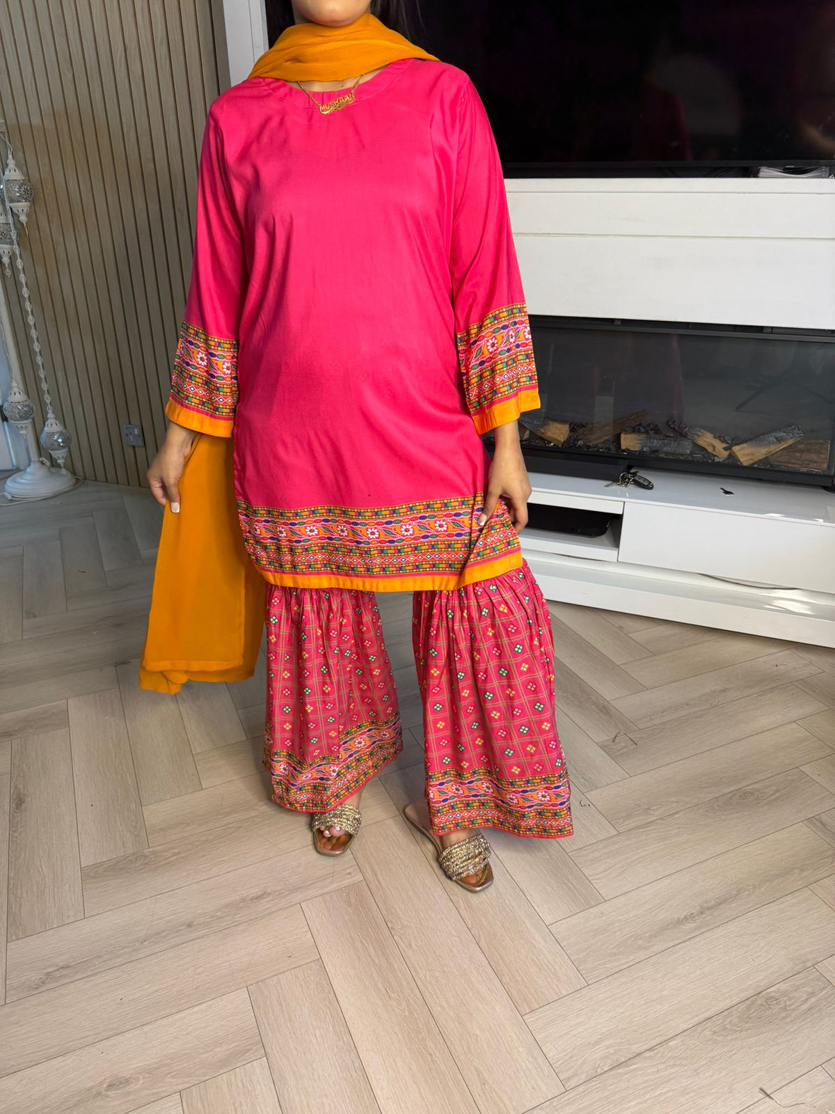Ajrak Gharara Suit with Chiffon Dupatta