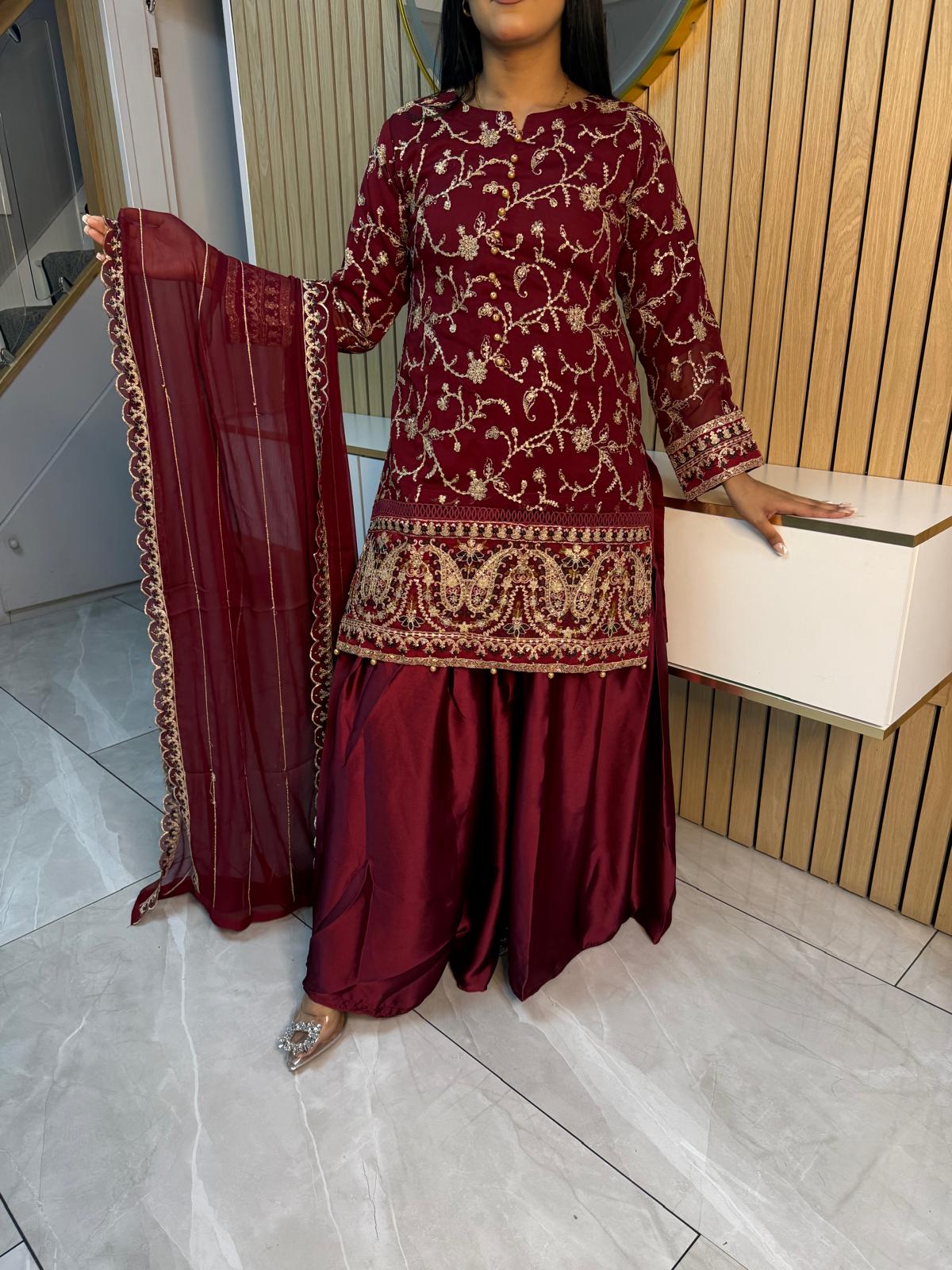 Fajar 3pc Chiffon Suit With Silk Gharara-Red U3-B5