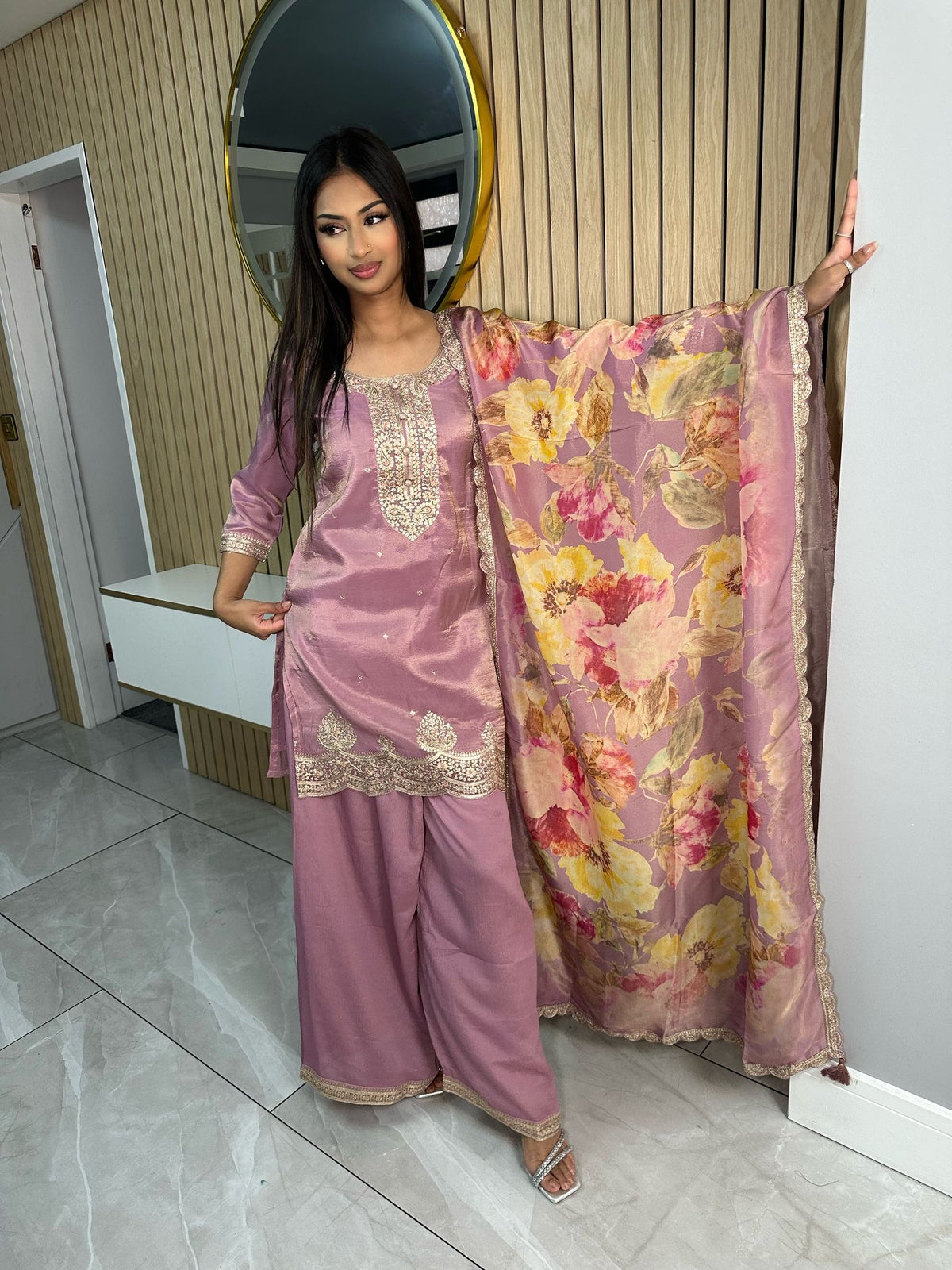 Amber 3pc Indian Silk With Floral Dupatta U2-G3