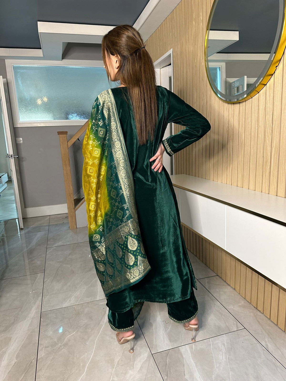 Faiza Velvet with Jacquard Shawl - Green