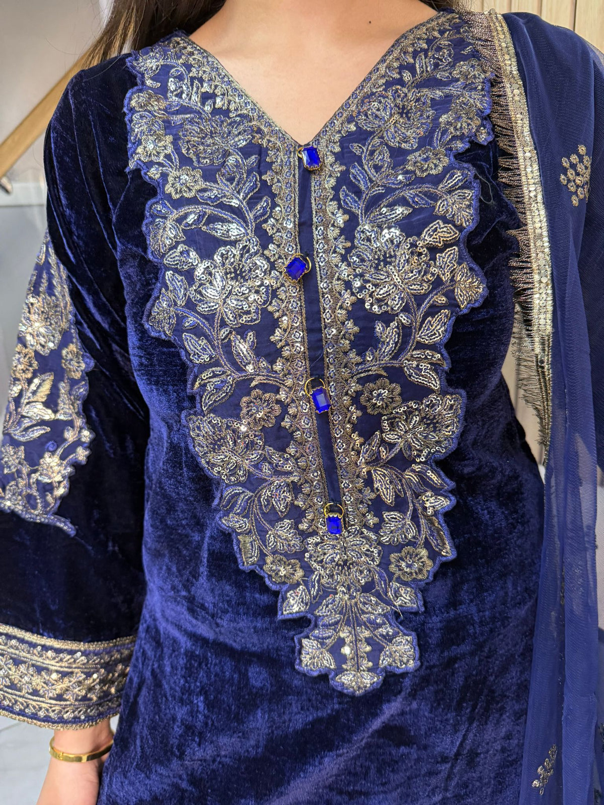 Lisha 3pc Button Velvet Suit With Net Dupatta U3-B1