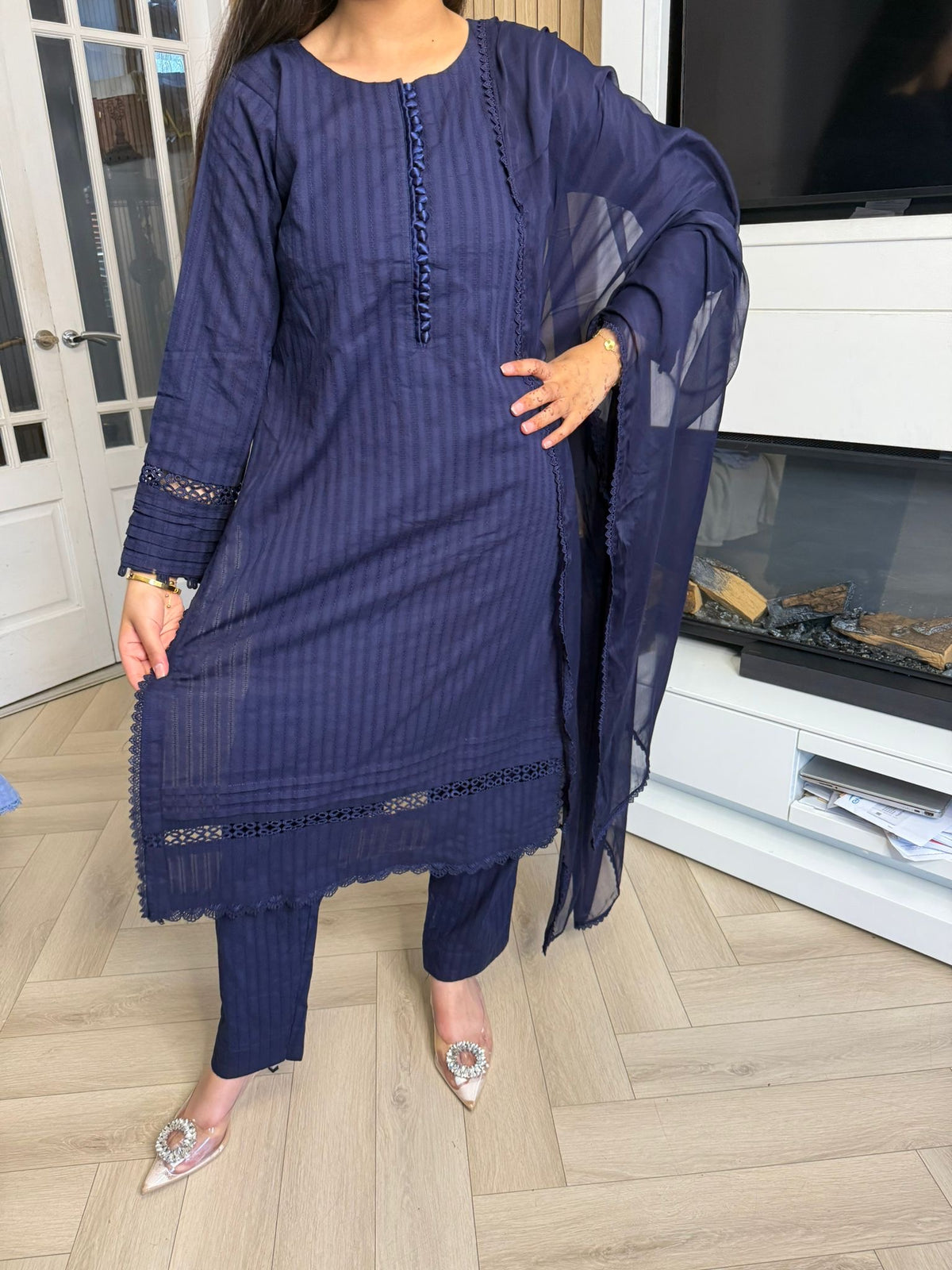Radhiya 3pc Cotton Suit With Pearl Detailing
