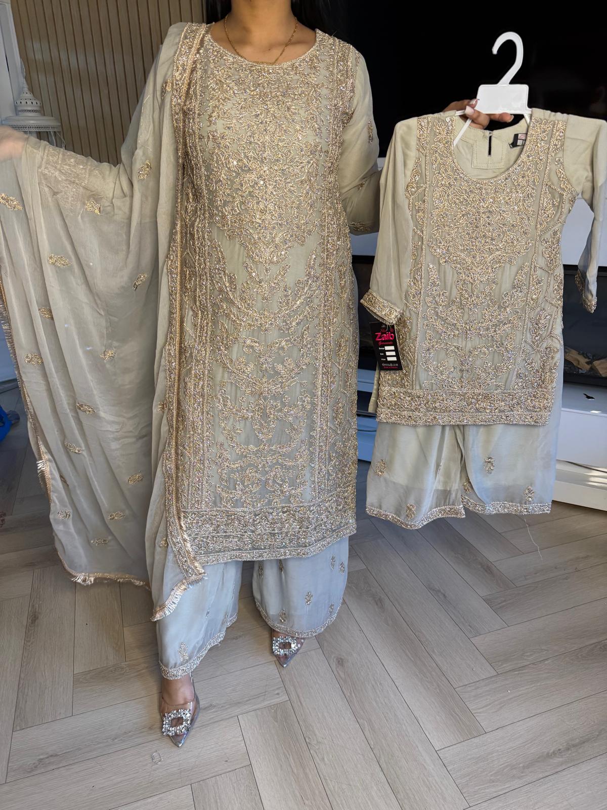 Manisba 3pc Mother & Daughter chiffon Suit With Plazzo