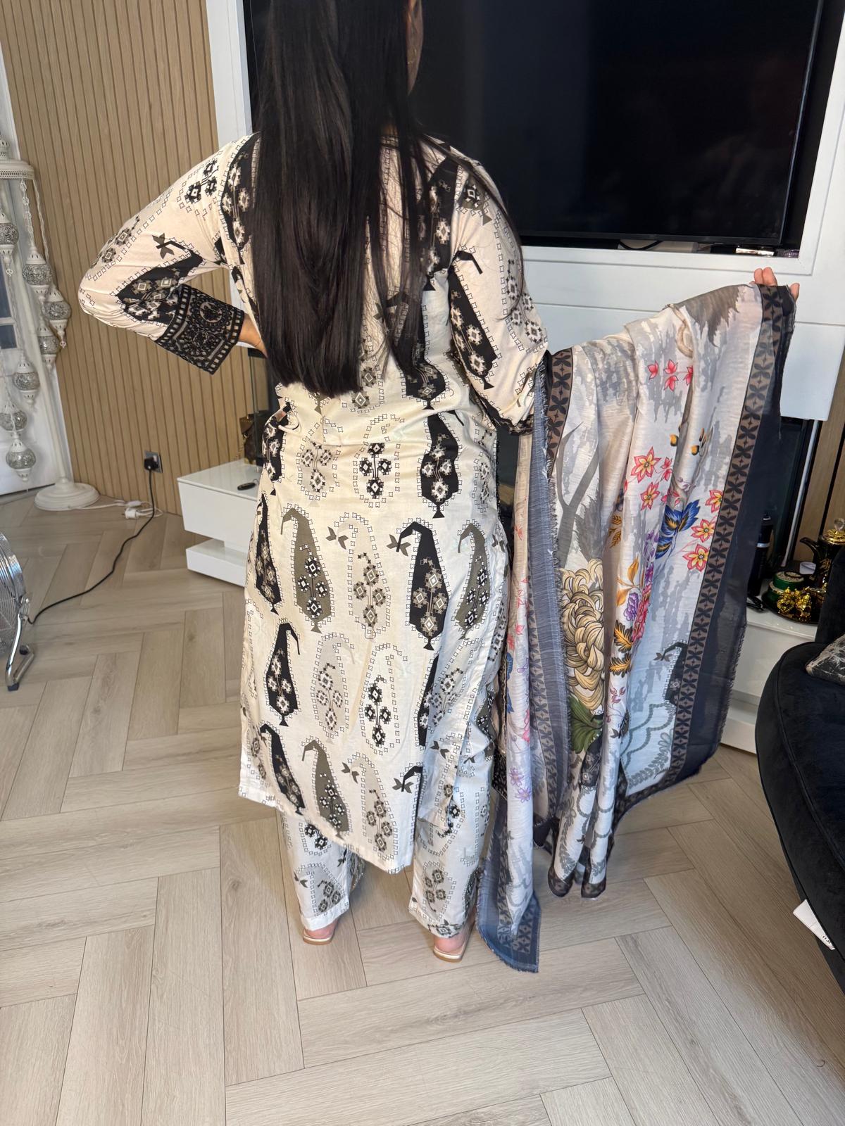 Izah 3pc Printed Lawn Suit With Shoulder Cutout