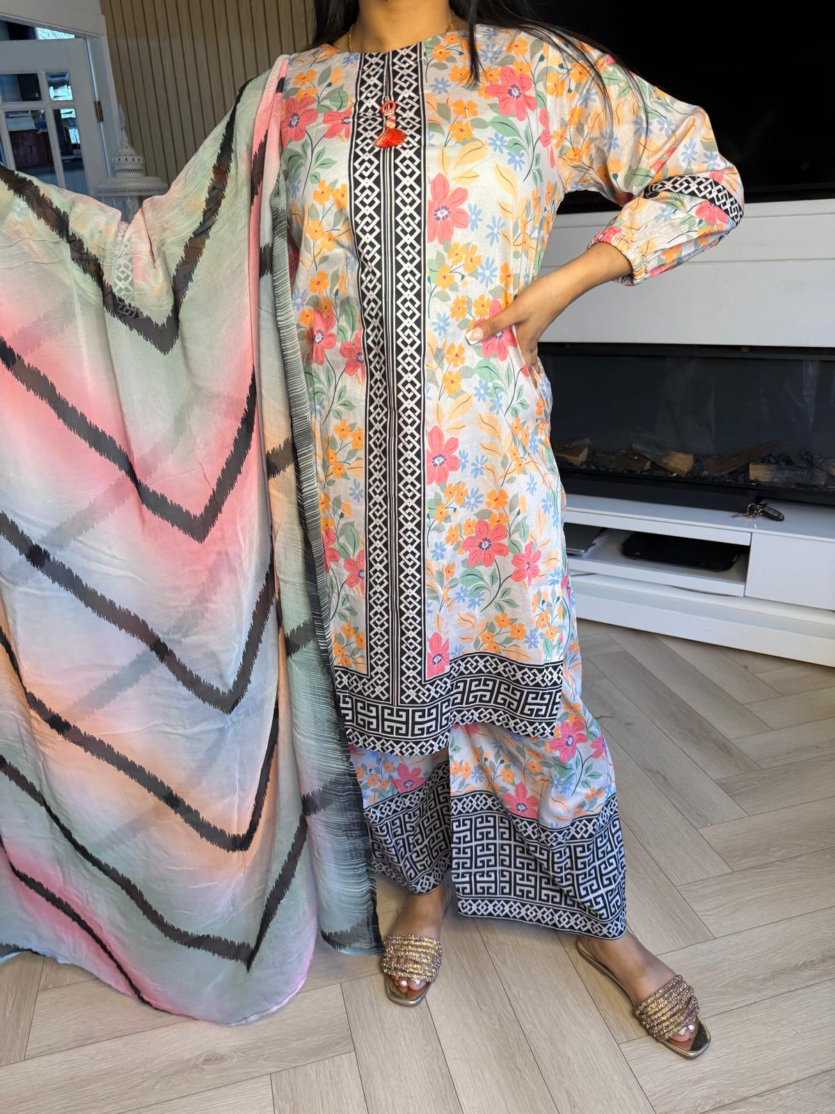 Sonam 3pc Printed Lawn Suit With Plazzo Trouser