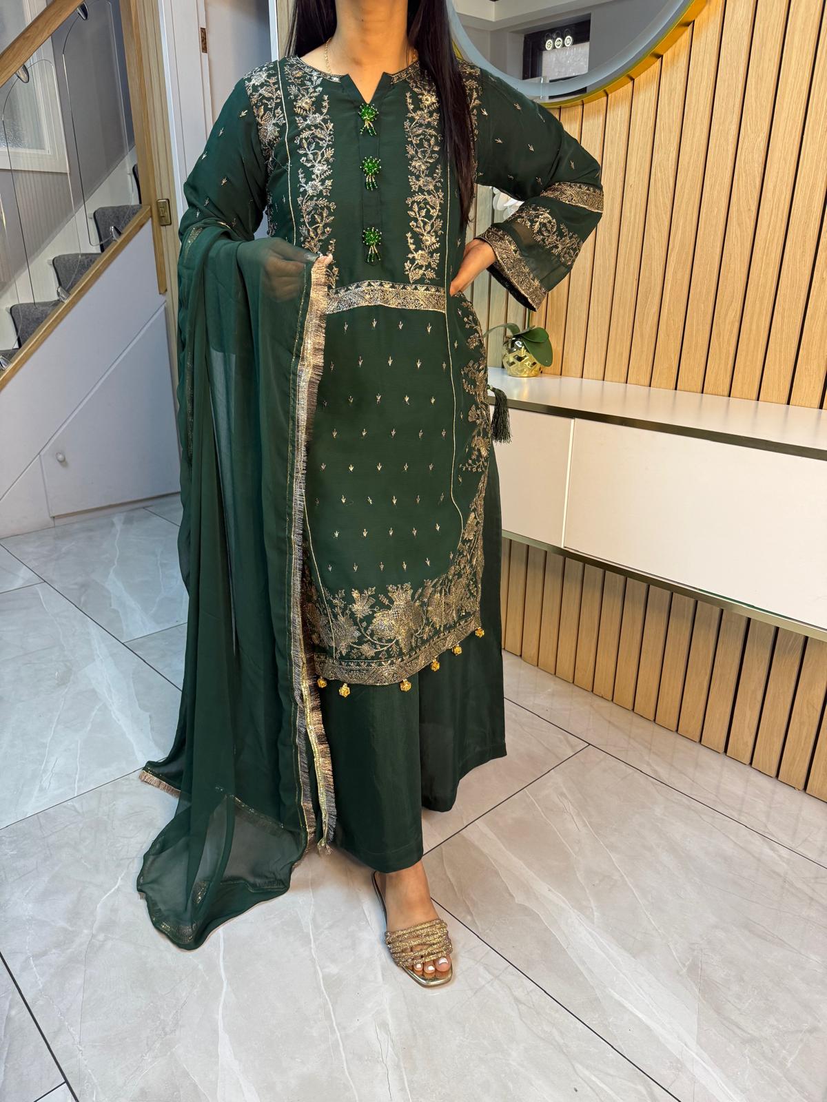 Fajar 3pc Chiffon Suit With Silk Plazzo-Green U3-B2
