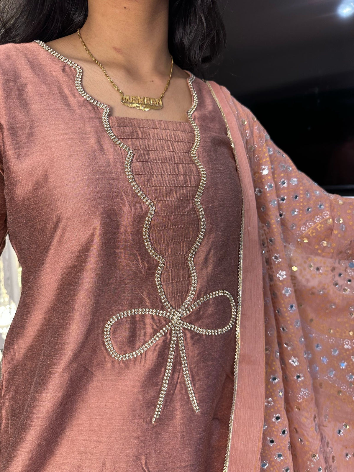 Bow 3pc Silk Farshi Shalwar Suit