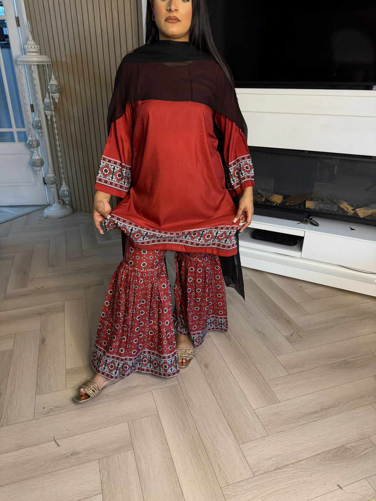 Ajrak Gharara Suit with Chiffon Dupatta