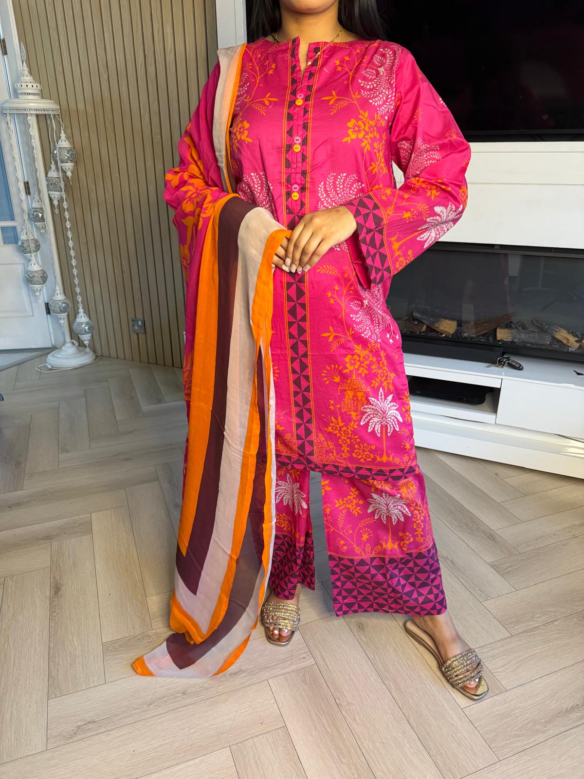 Sonam 3pc Printed Lawn Suit With Plazzo Trouser
