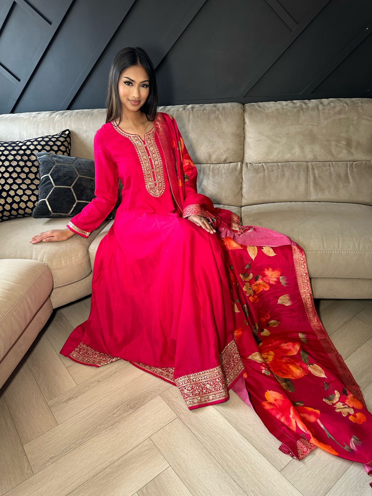 Hasina 2pc Indian Silk Dress & Floral Dupatta