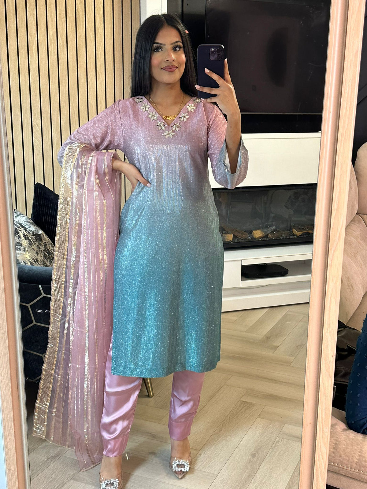 Kanwal Shimmer Suit  - Pink & Blue