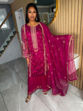 Mehrunisa 3pc Silk Suit With Plazzo - Fuscia