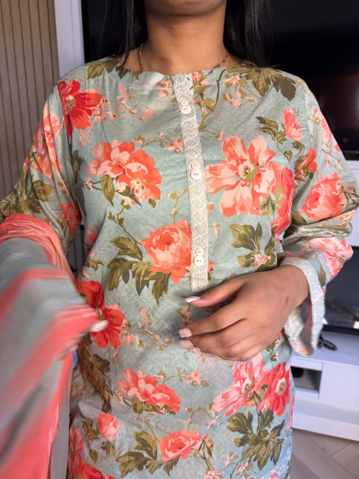 Sonam 3pc Printed Lawn Suit With Plazzo Trouser