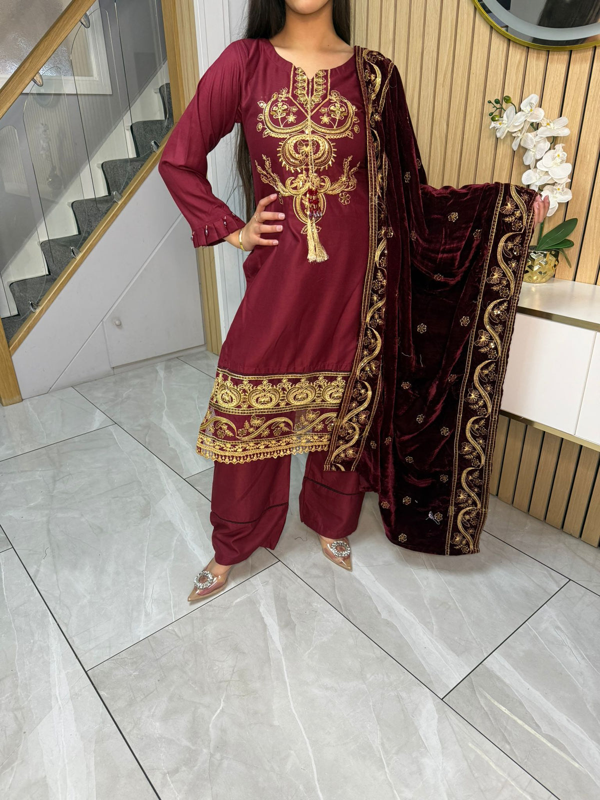 Habiba 3pc Embroidered Dhanak Suit With Velvet Shawl