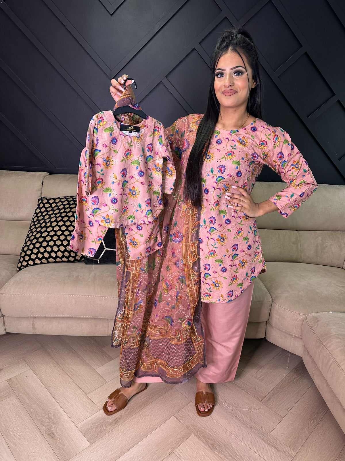 Reema M&D Short Kameez- Pink Floral