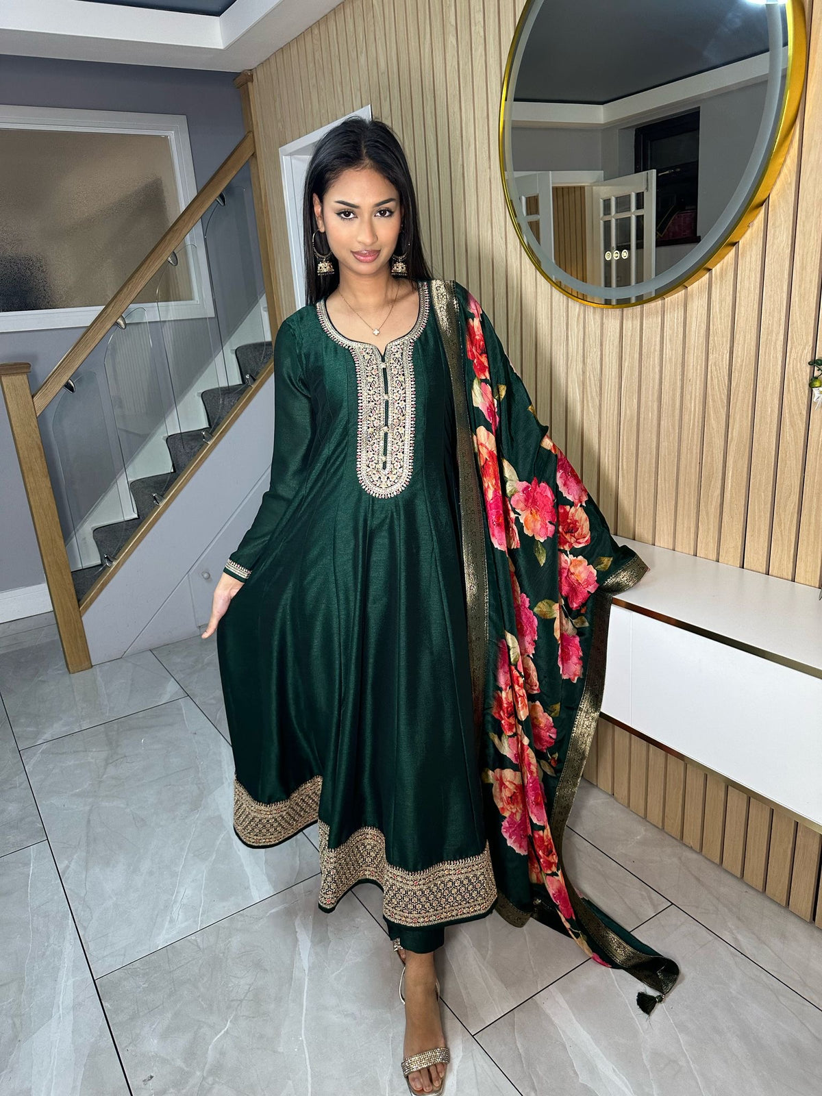 Nafisa 3pc Indian Silk Dress with Floral Dupatta