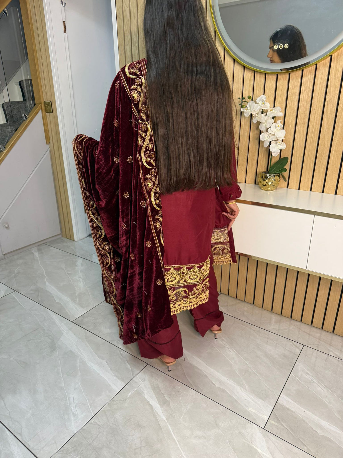 Habiba 3pc Embroidered Dhanak Suit With Velvet Shawl