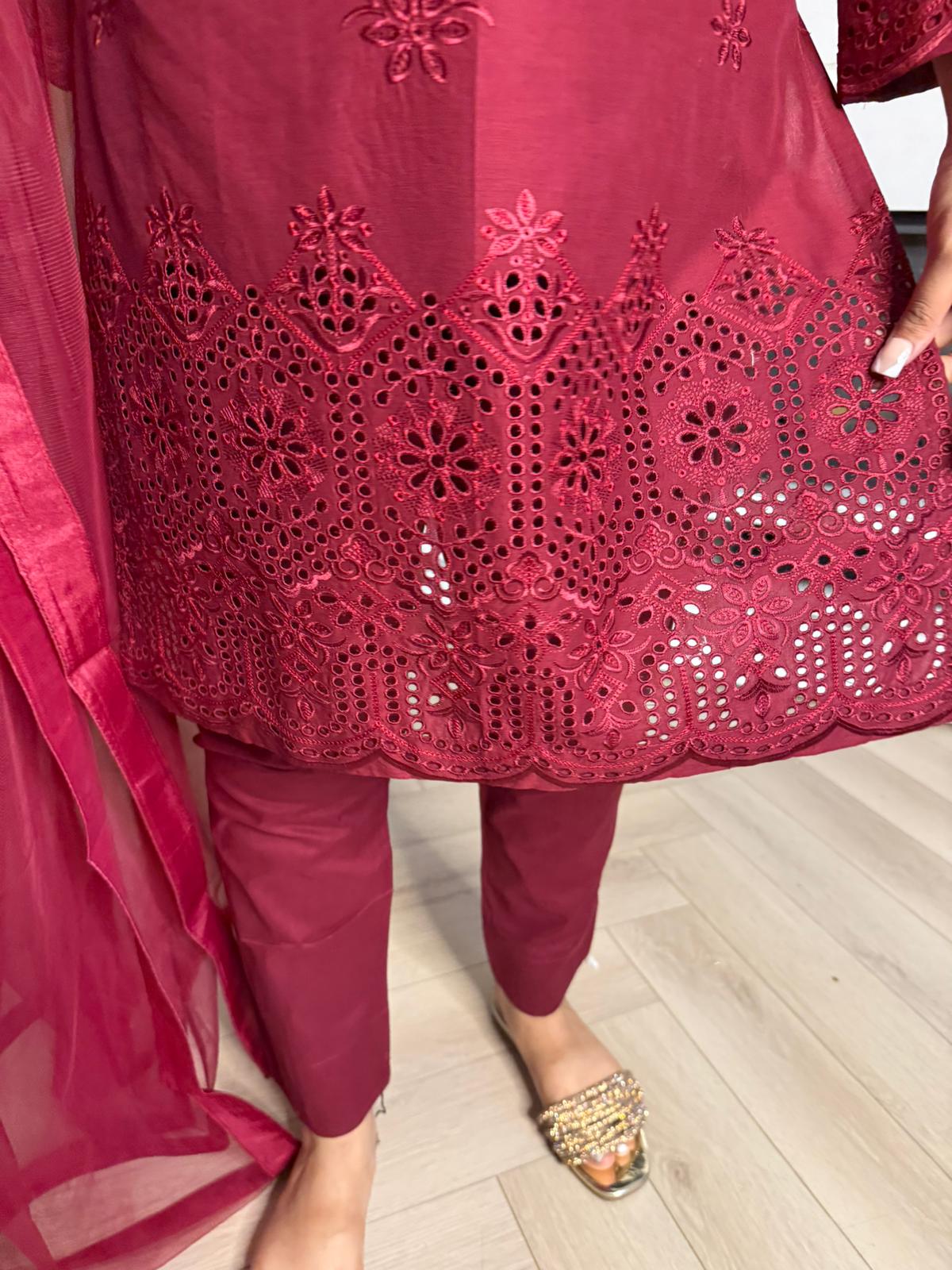 Cotton Chiknkari 3pc Suit With Net Dupata