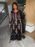 Mehrunisa 3pc Silk Suit With Plazzo - Black