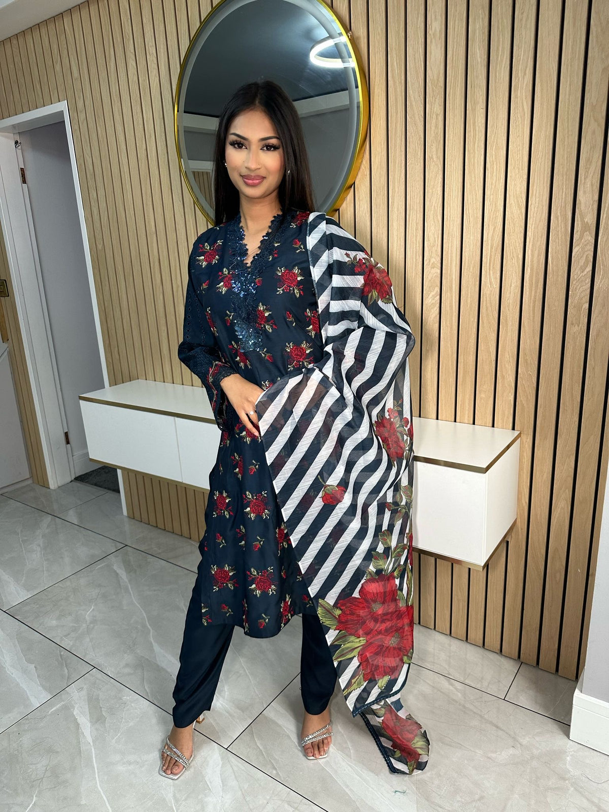 Rose 3pc Suit With Striped Dupatta