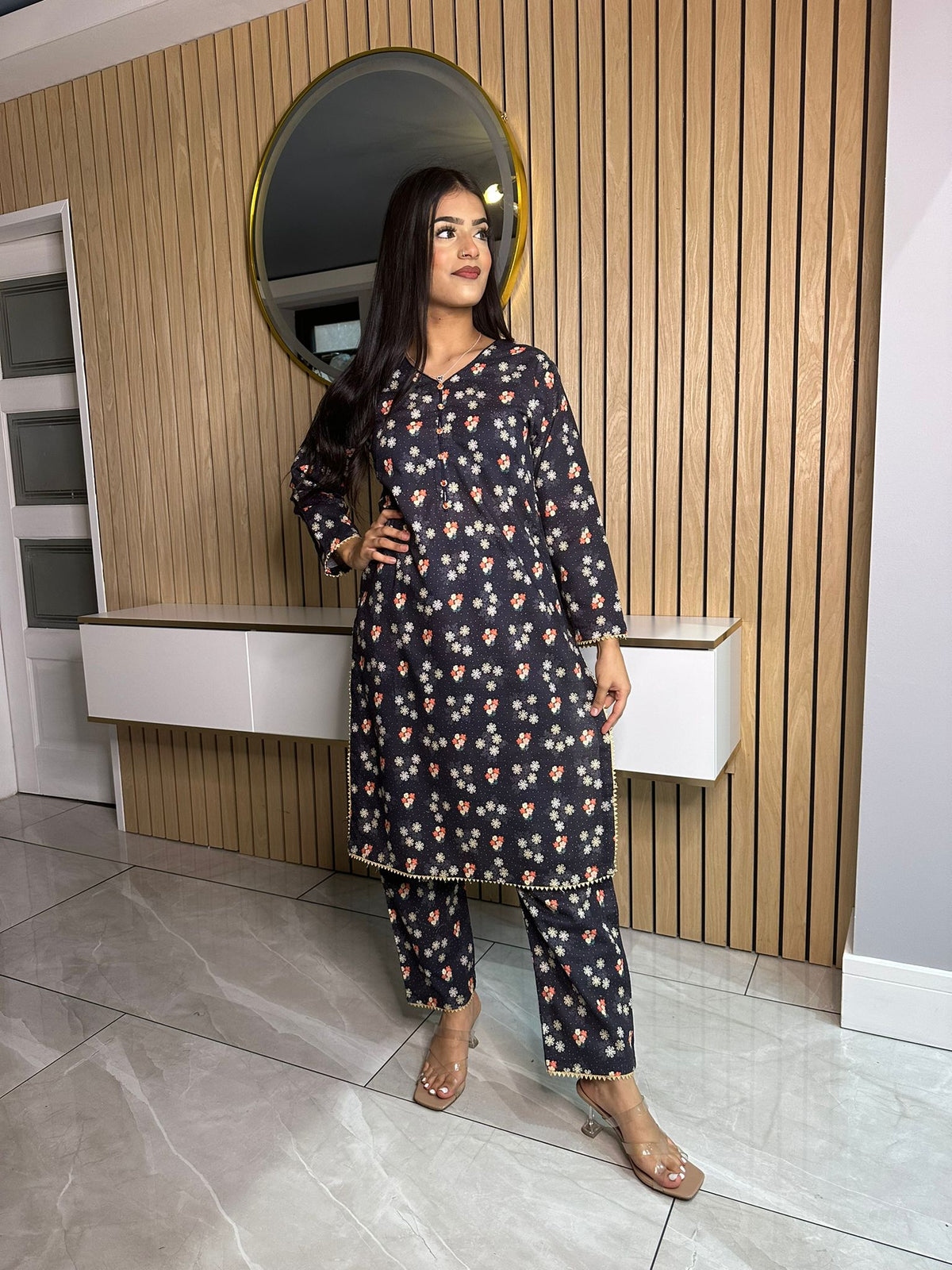 Samiha Printed Khaddar Co-ord - Navy Flower