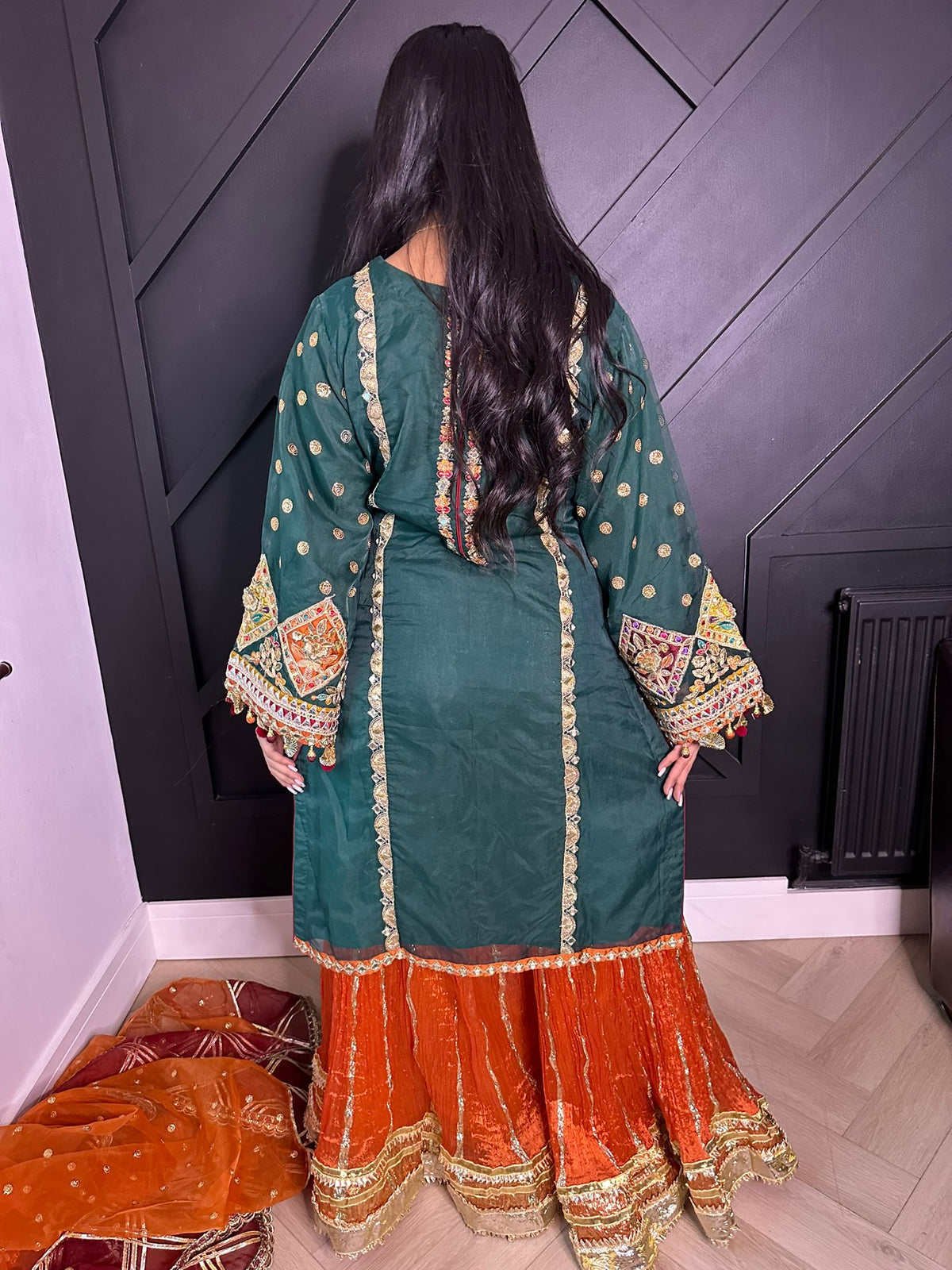 Karma-Emerald and Orange Sharara Style