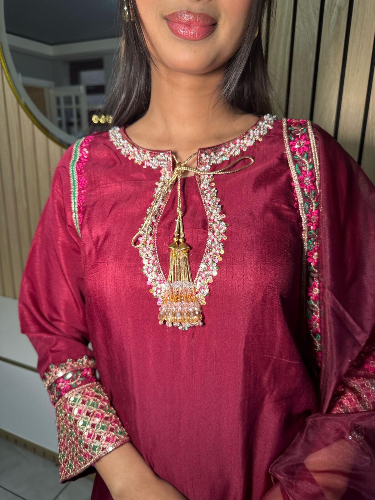Lubna 3pc Silk Suit -Maroon U2-A5