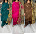 Raima 3pc Silk Suit With Silk Hand printed Organza Dupatta