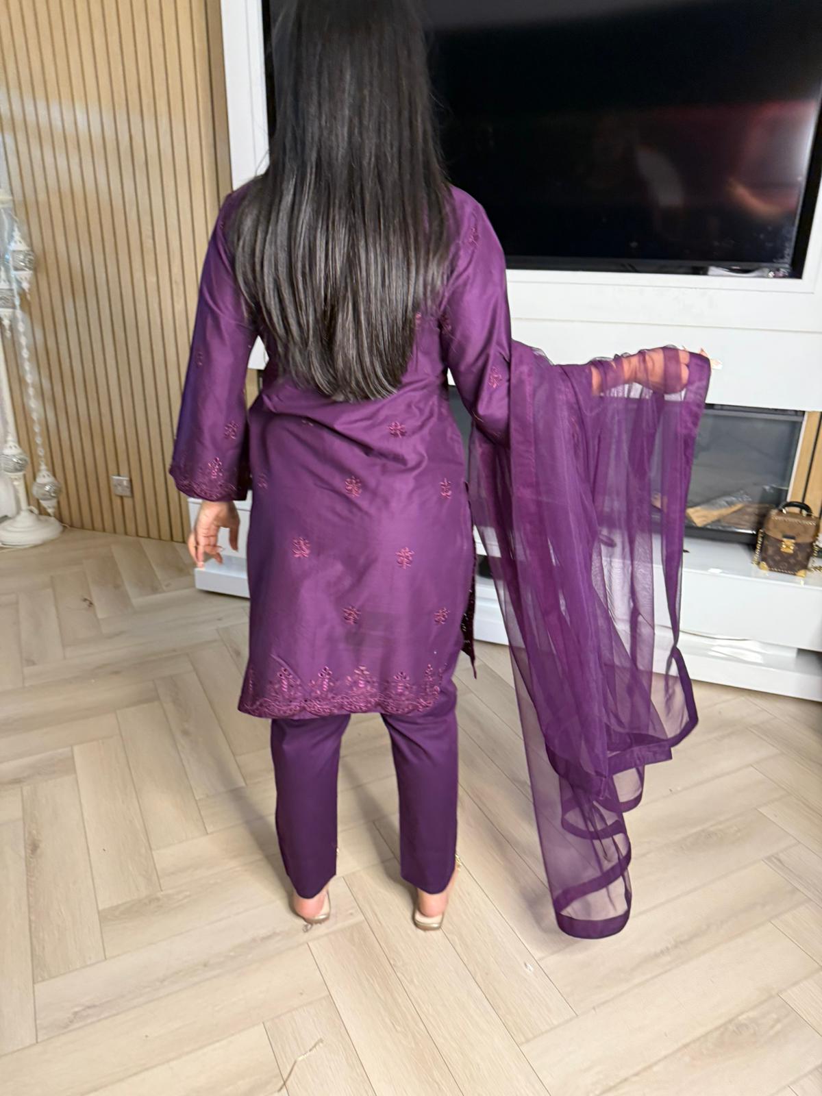 Cotton Chiknkari 3pc Suit With Net Dupata