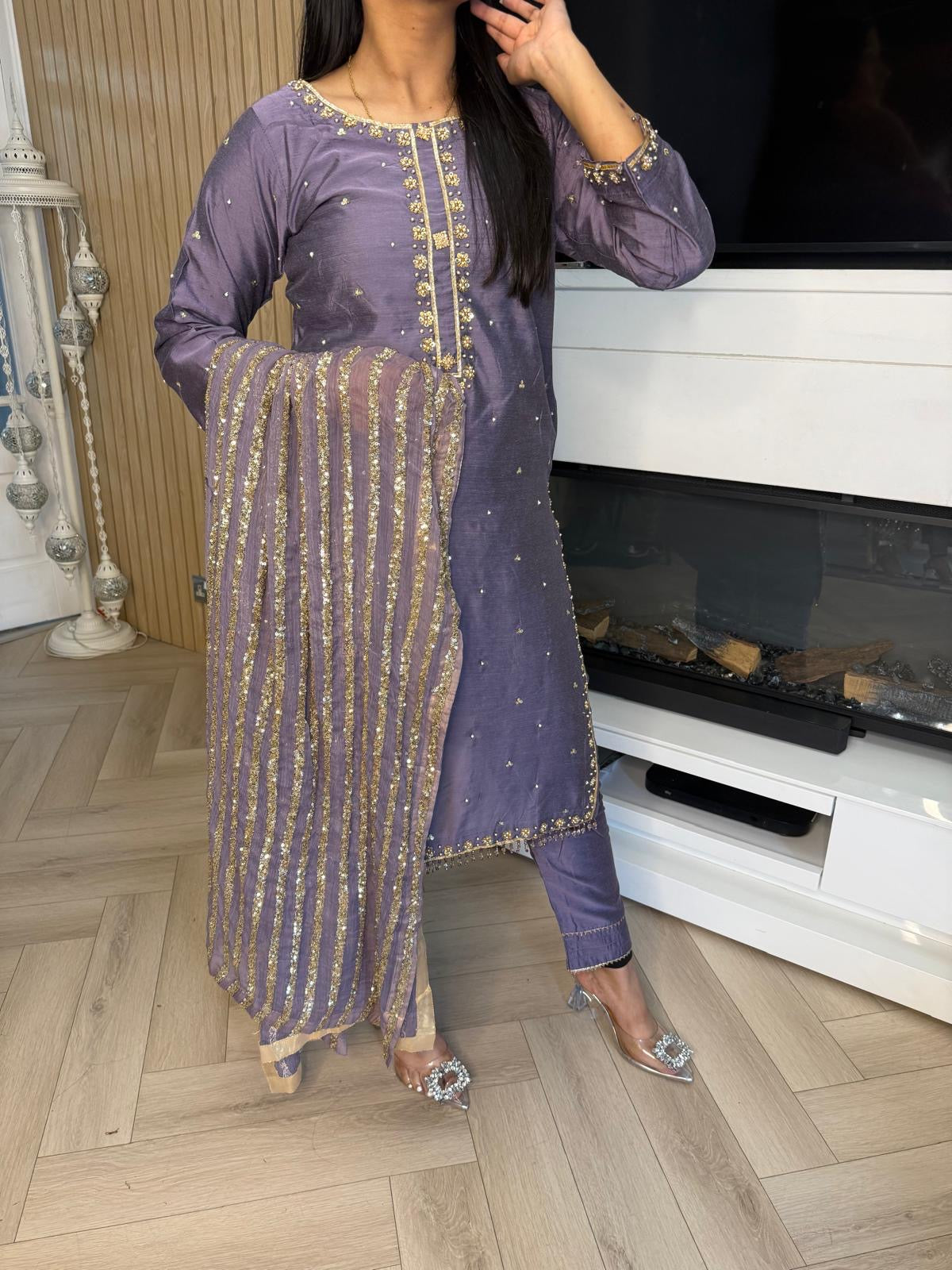 Nuraan 3pc Raw Silk Suit-Lilac