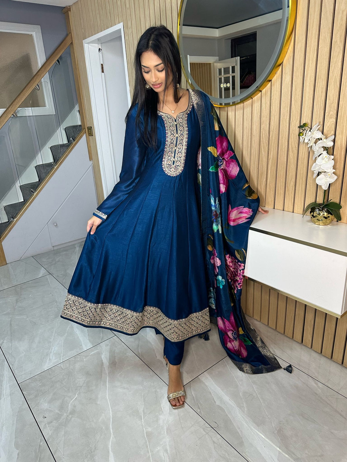 Nafisa 3pc Indian Silk Dress with Floral Dupatta