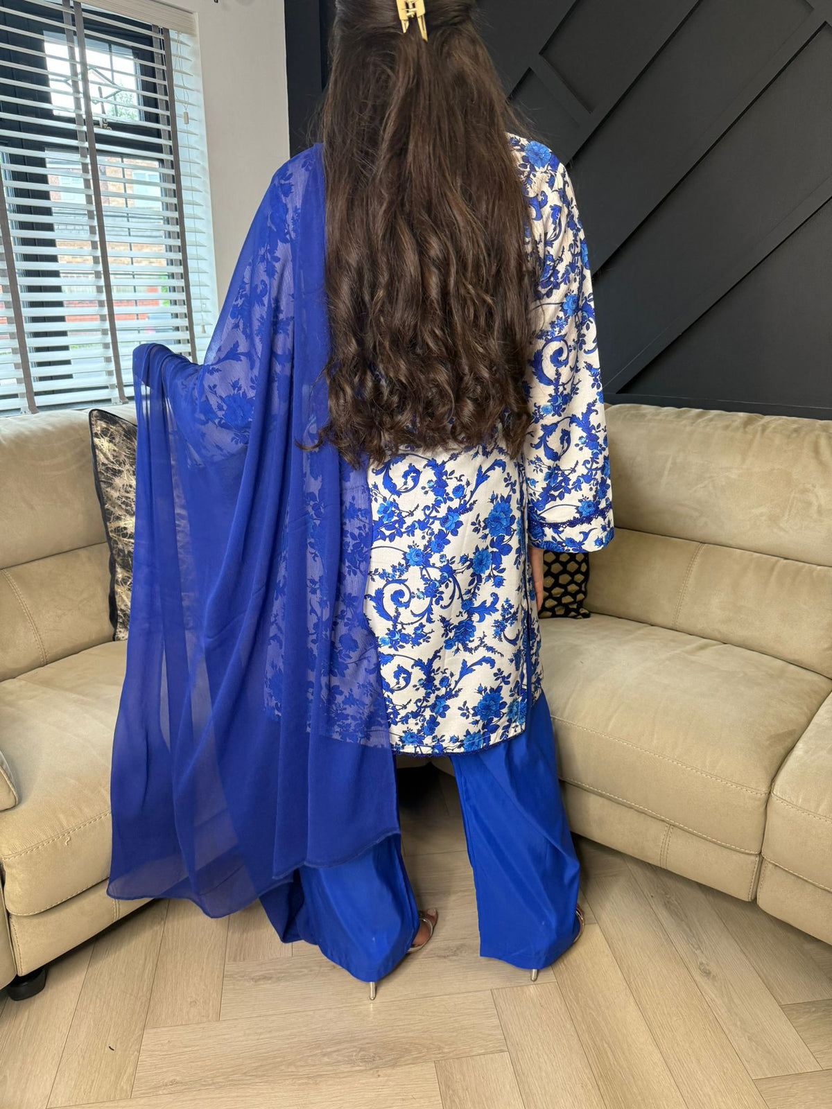 Lamisa 3pc Printed Suit With Plain Plazzo Trouser