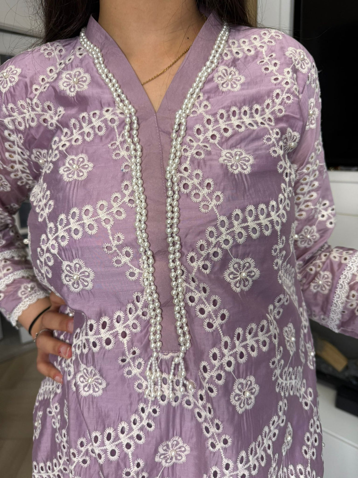 Radhiya 3pc Cotton Suit With Pearl Detailing