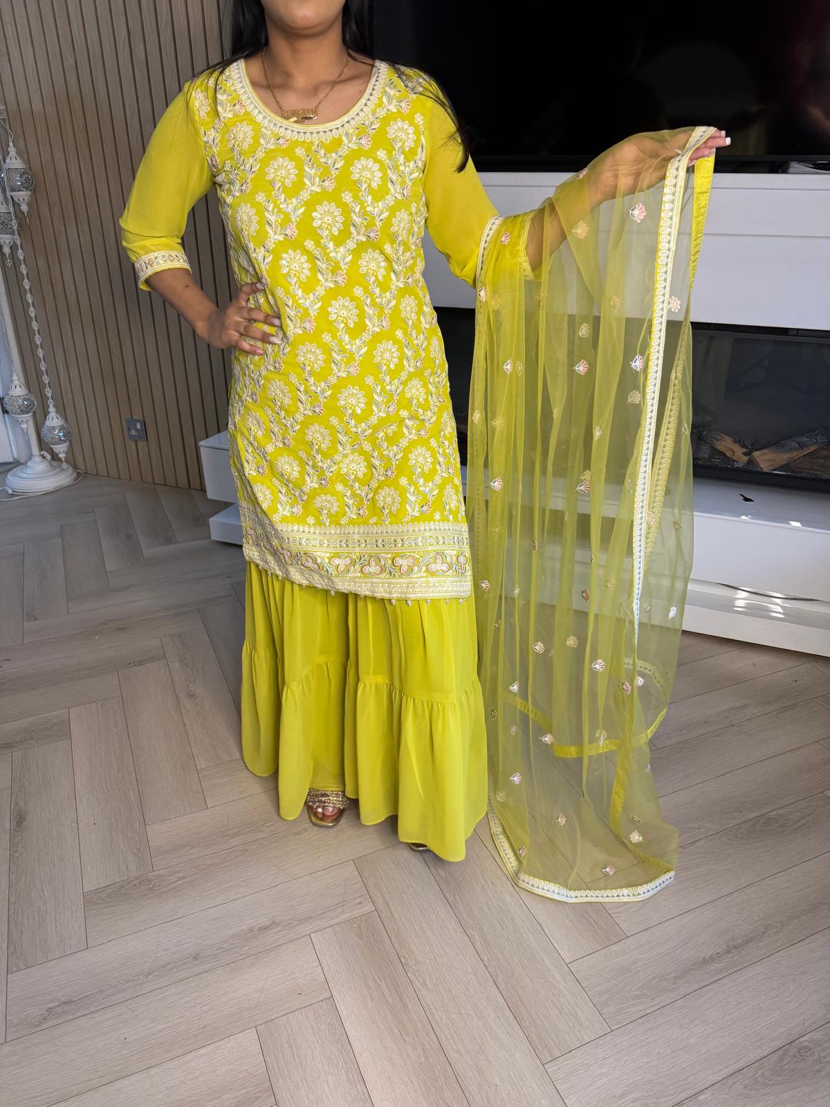 Hajrah 3pc Indian Chiffon Gharara With Net Dupatta u2-G2/G3
