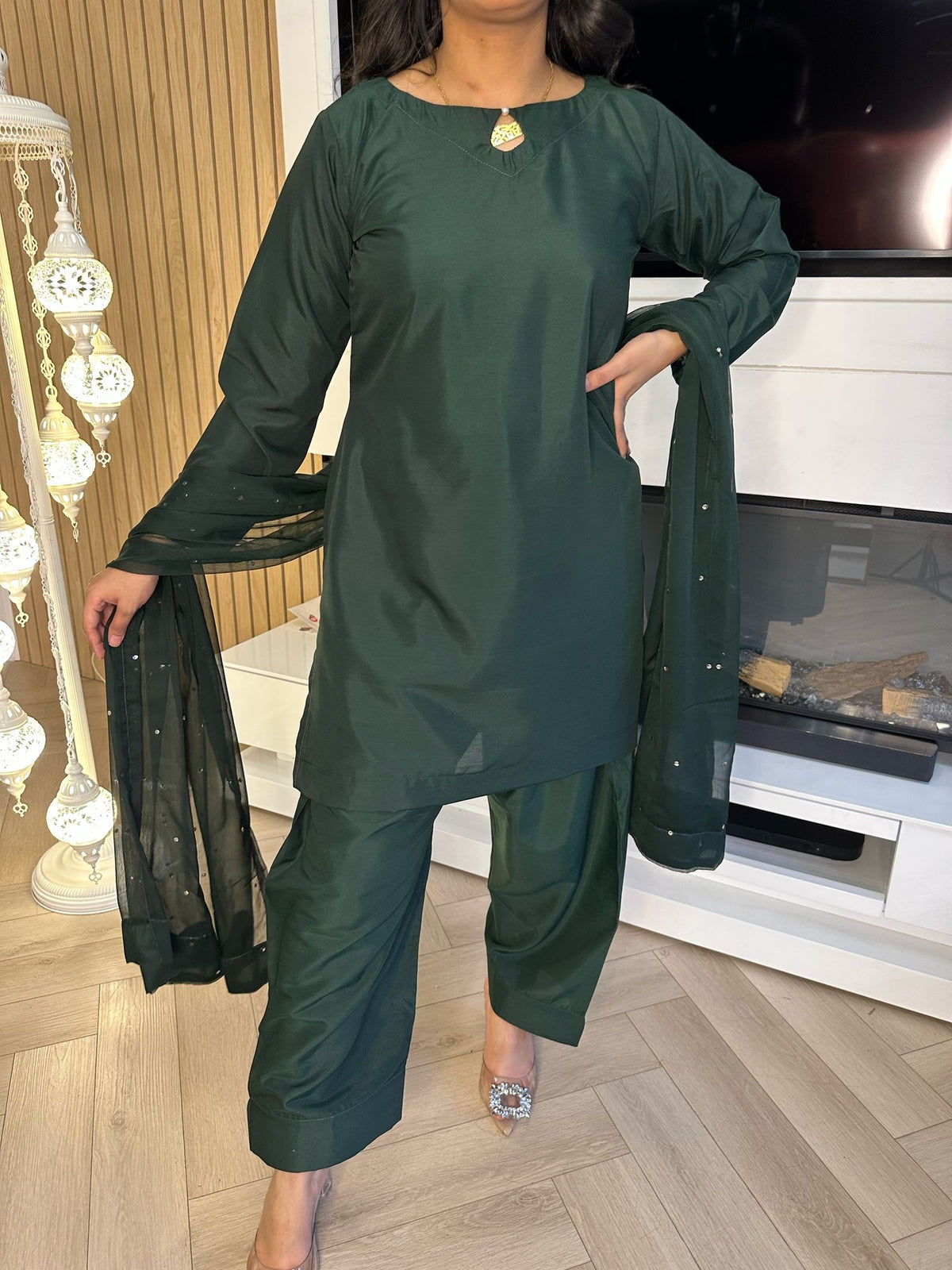 Keisha 3pc Plain Silk Farshi Shalwar