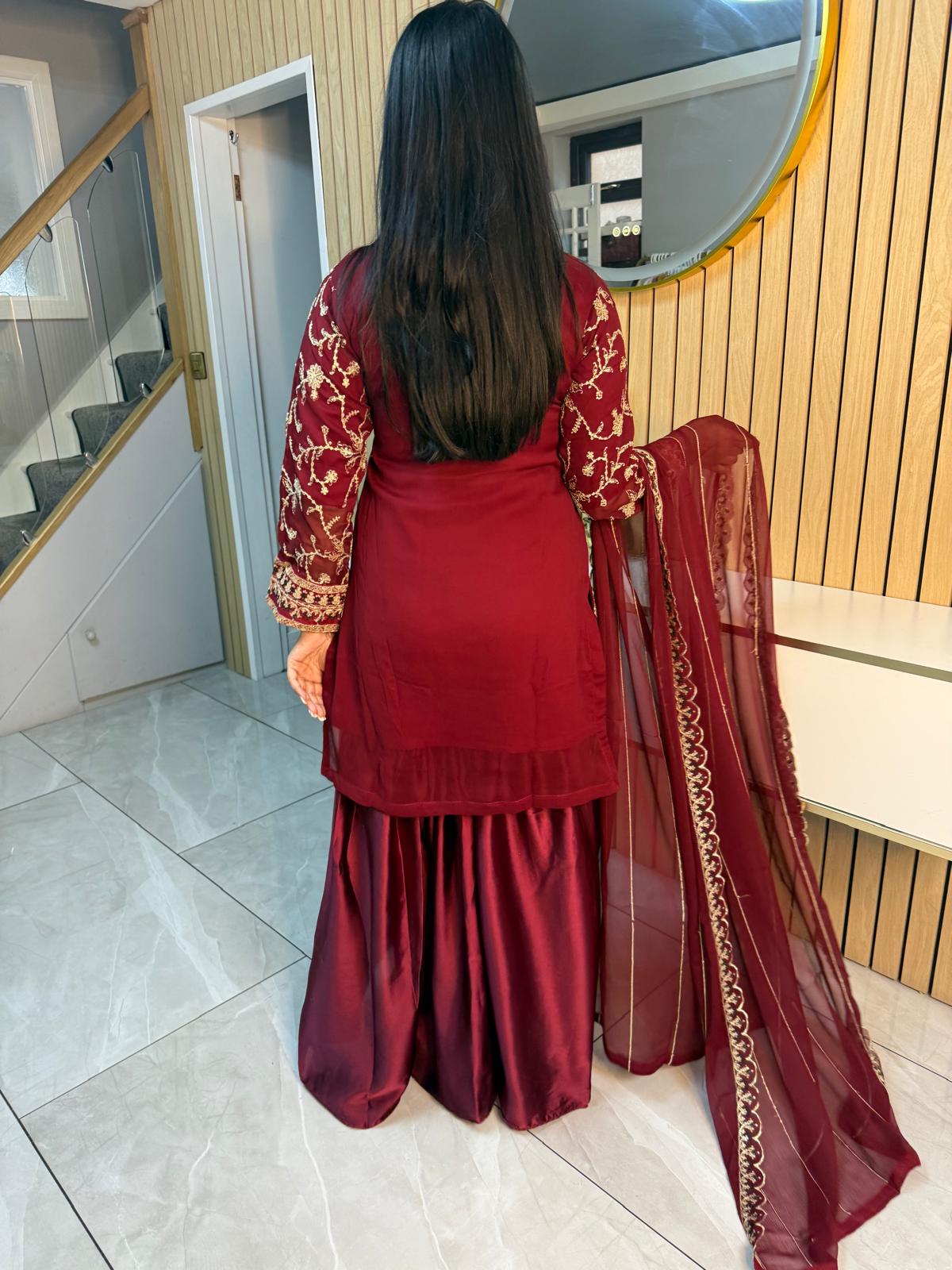 Fajar 3pc Chiffon Suit With Silk Gharara-Red U3-B5