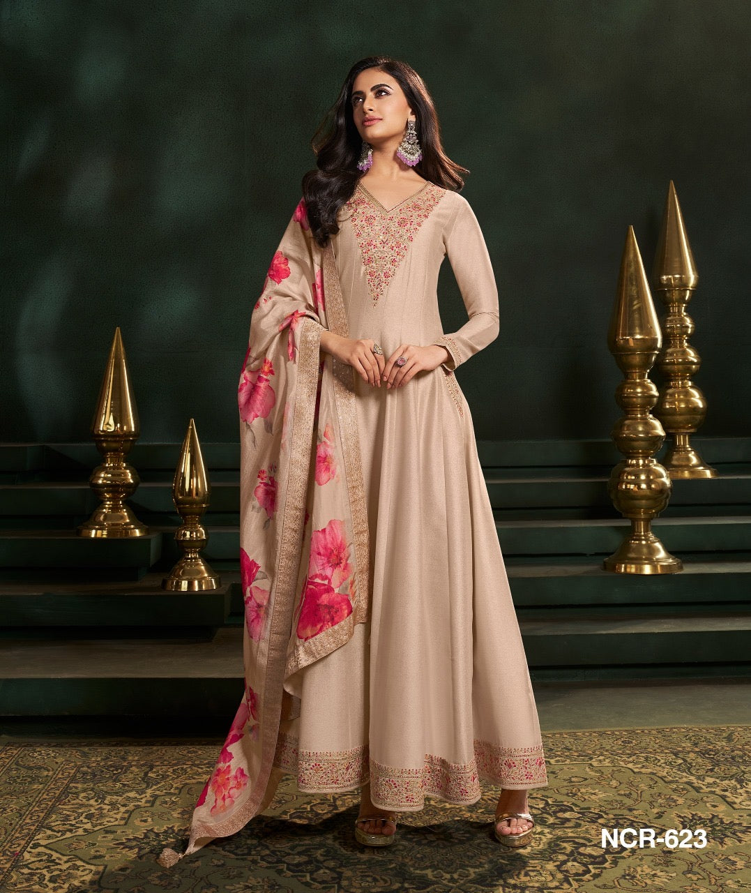 Kubra 2pc Pocket Indian Silk Dress with Floral Dupata - 54” length
