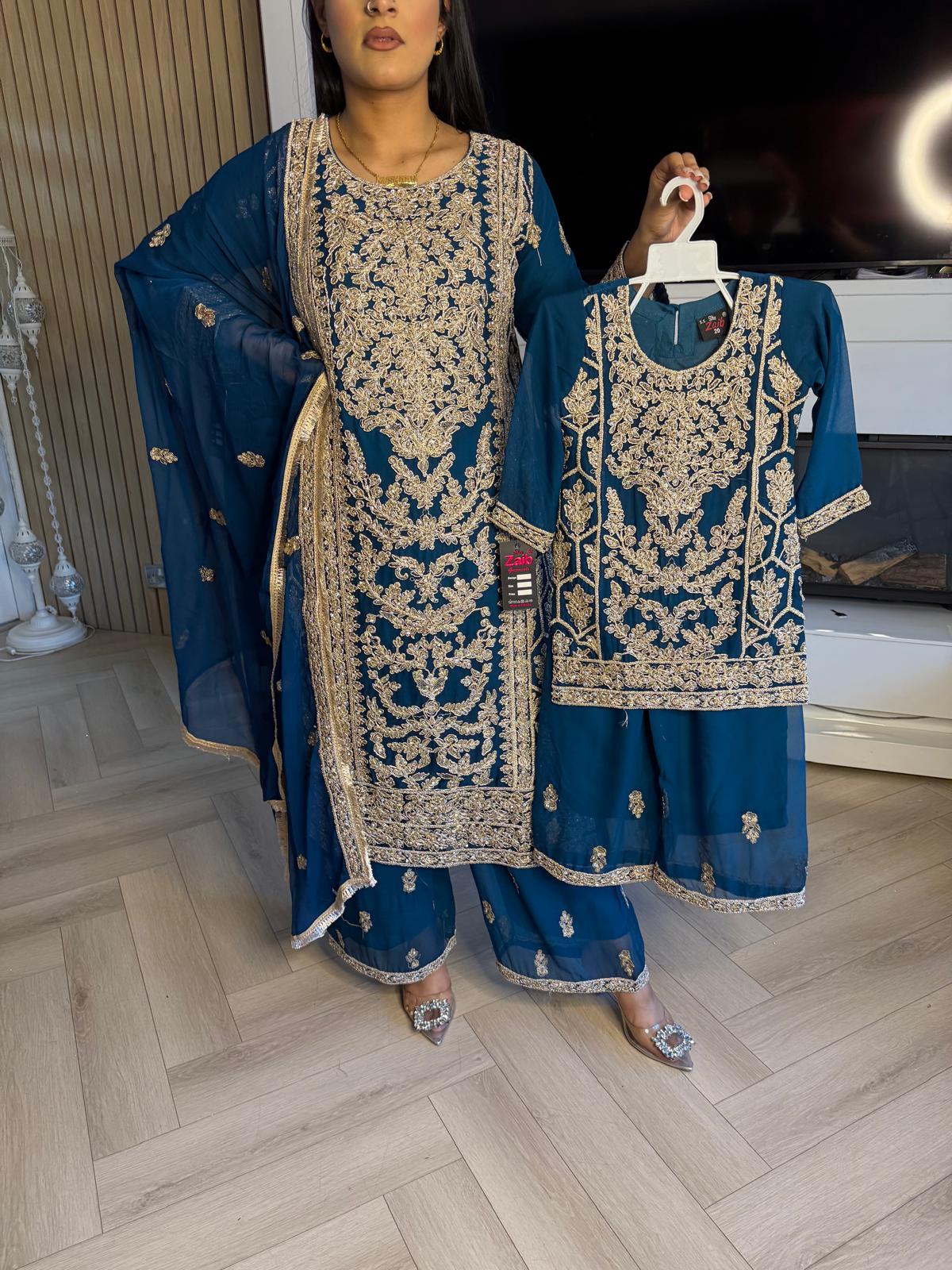 Manisba 3pc Mother & Daughter chiffon Suit With Plazzo