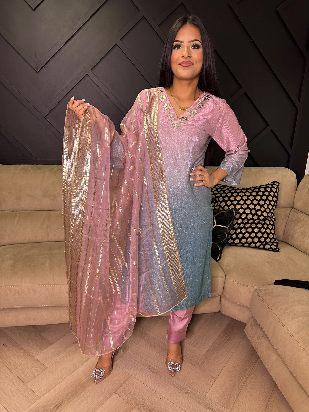 Kanwal Shimmer Suit  - Pink & Blue