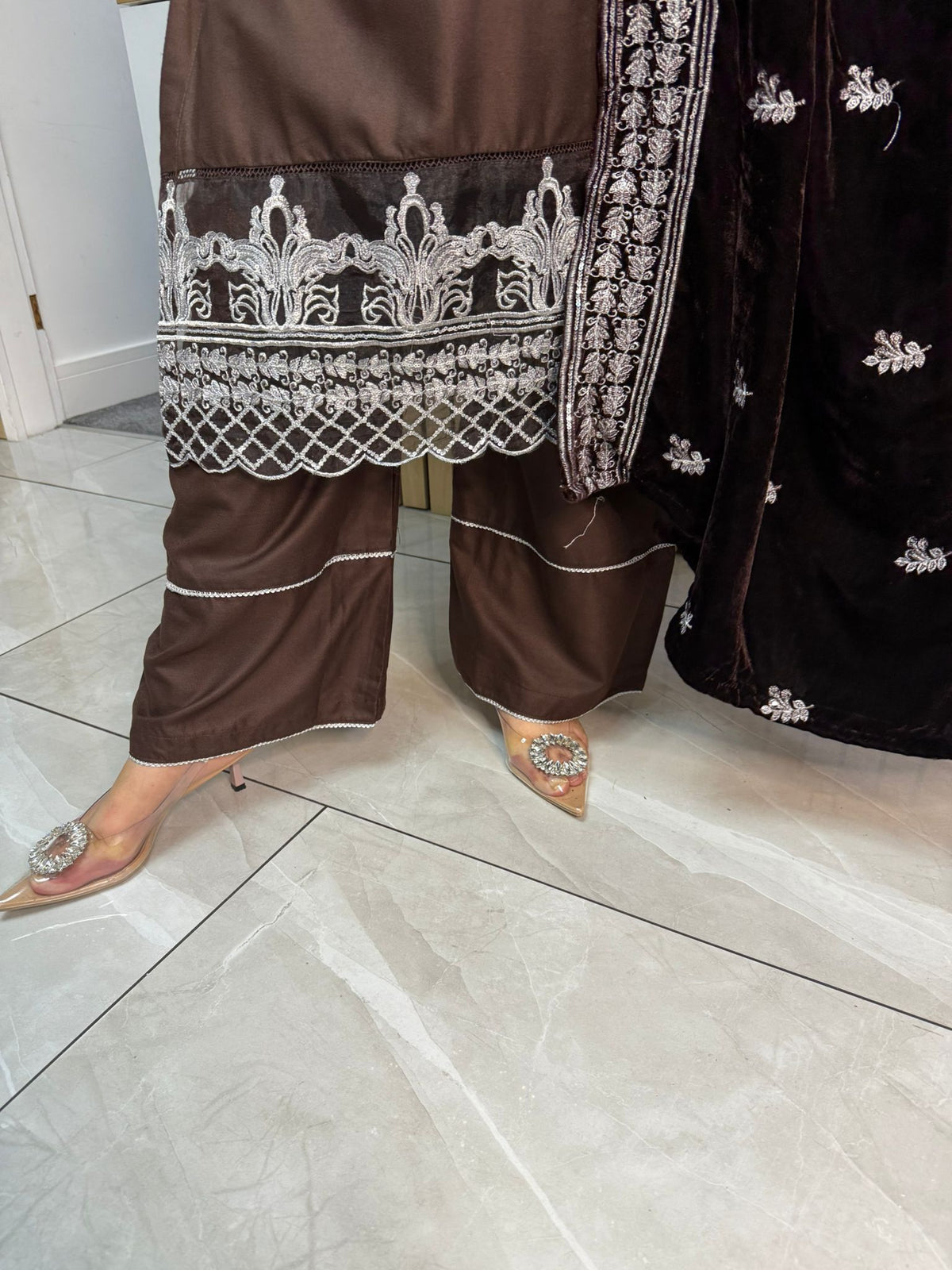 Habiba 3pc Embroidered Dhanak Suit With Velvet Shawl