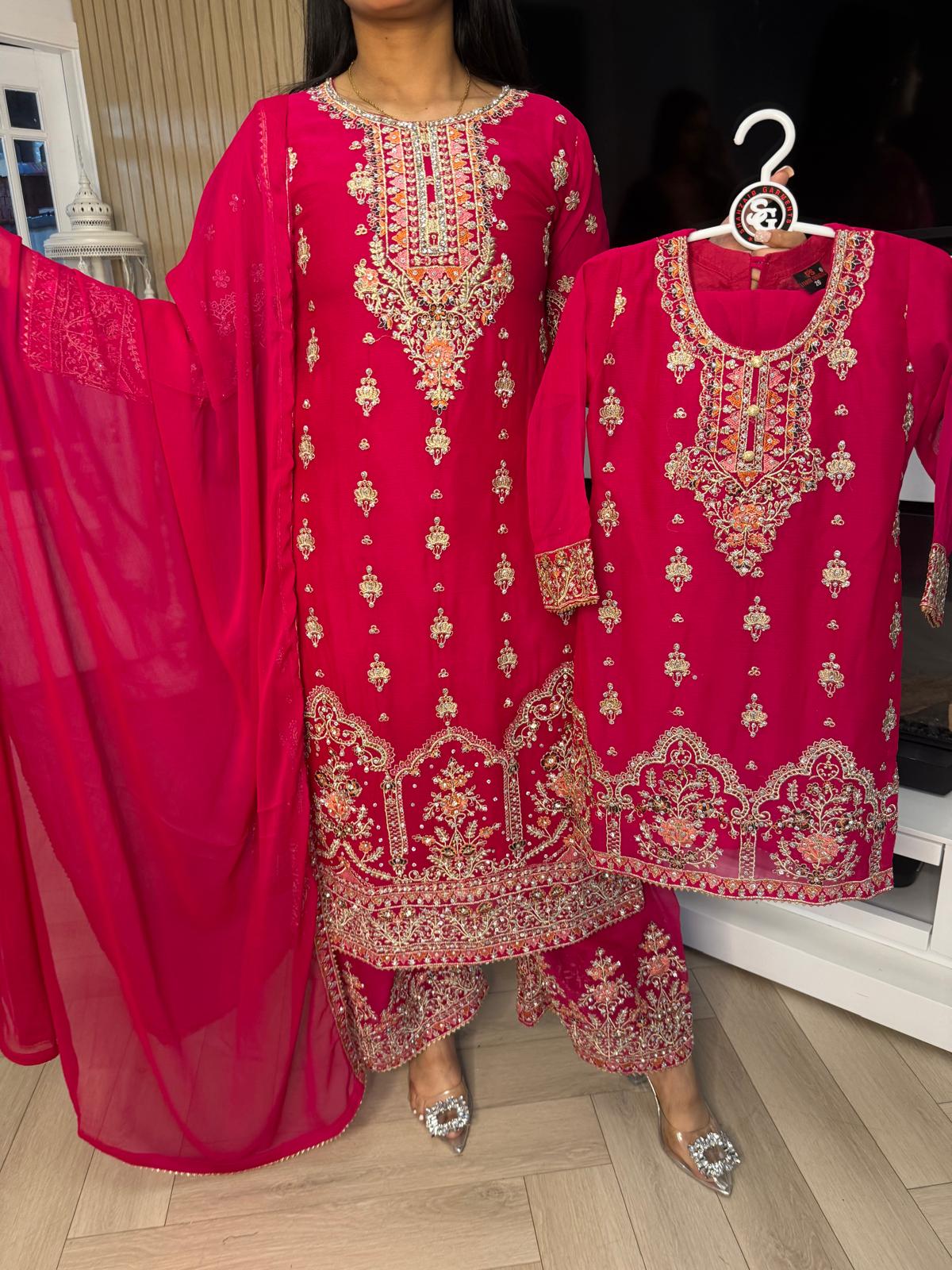 Malika 3pc Mother & Daughter chiffon Suit With Plazzo