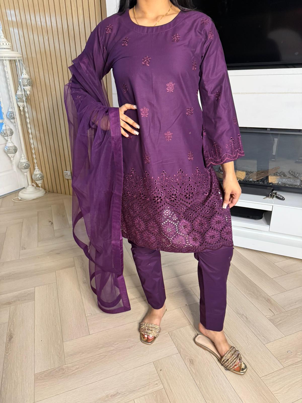 Cotton Chiknkari 3pc Suit With Net Dupata