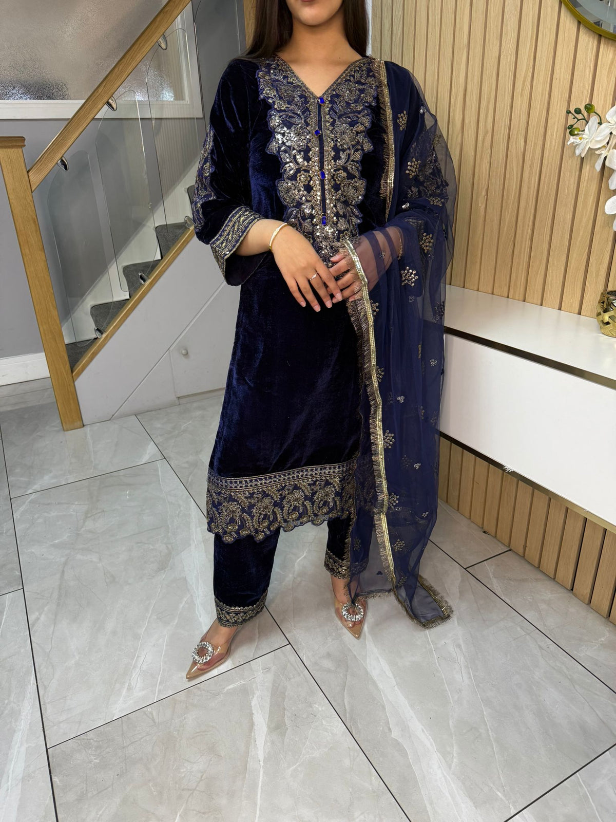 Lisha 3pc Button Velvet Suit With Net Dupatta U3-B1