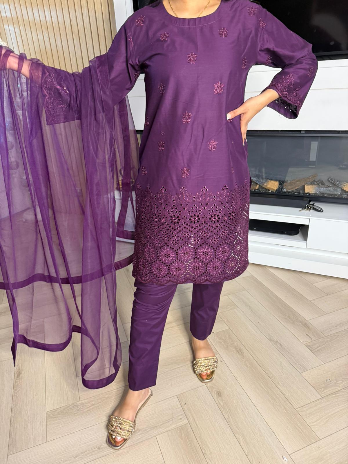 Cotton Chiknkari 3pc Suit With Net Dupata